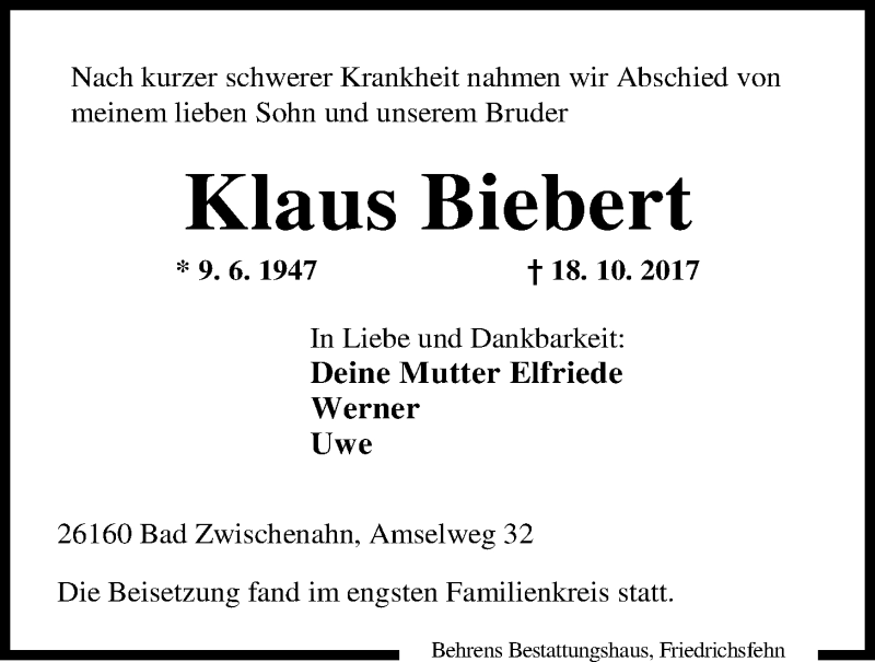  Traueranzeige für Klaus Biebert vom 28.10.2017 aus Nordwest-Zeitung