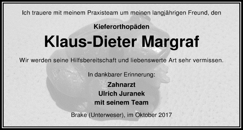  Traueranzeige für Klaus-Dieter Margraf vom 07.10.2017 aus Nordwest-Zeitung