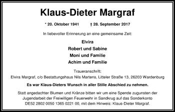 Traueranzeige von Klaus-Dieter Margraf von Nordwest-Zeitung