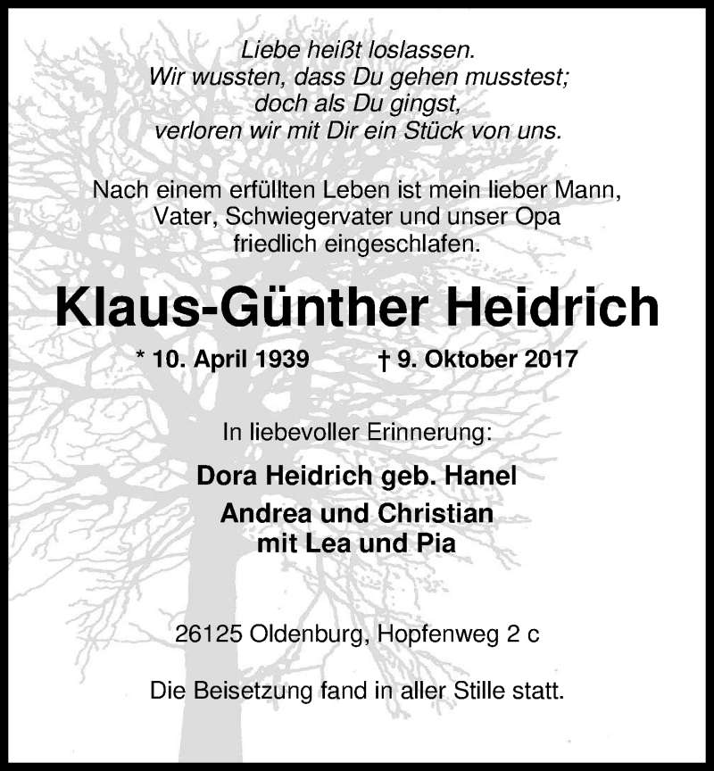 Traueranzeigen Von Klaus-Günther Heidrich | Nordwest-trauer.de