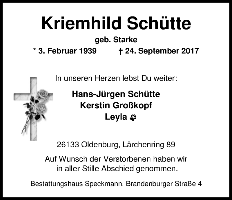  Traueranzeige für Kriemhild Schütte vom 12.10.2017 aus Nordwest-Zeitung