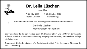 Traueranzeige von Leila Lüschen von Nordwest-Zeitung