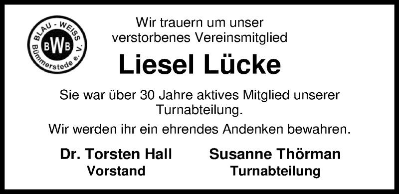  Traueranzeige für Liesel Lücke vom 04.10.2017 aus Nordwest-Zeitung