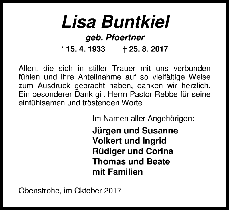  Traueranzeige für Lisa Buntkiel vom 28.10.2017 aus Nordwest-Zeitung
