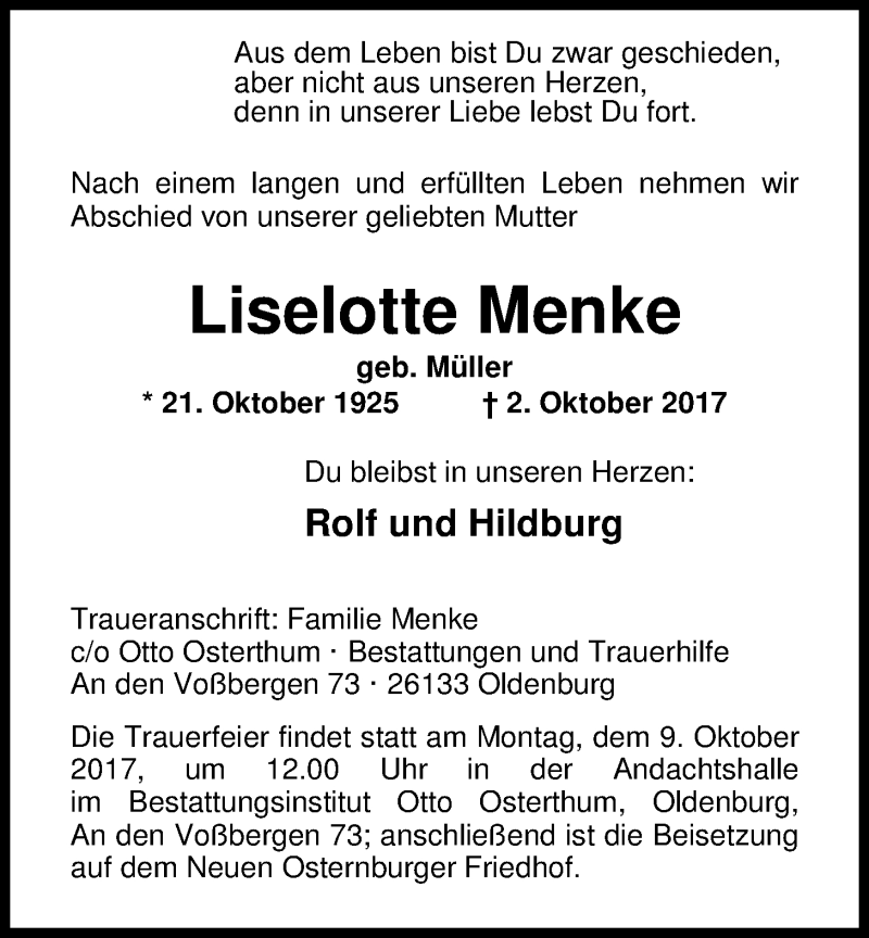  Traueranzeige für Liselotte Menke vom 07.10.2017 aus Nordwest-Zeitung