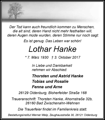 Traueranzeige von Lothar Hanke von Nordwest-Zeitung