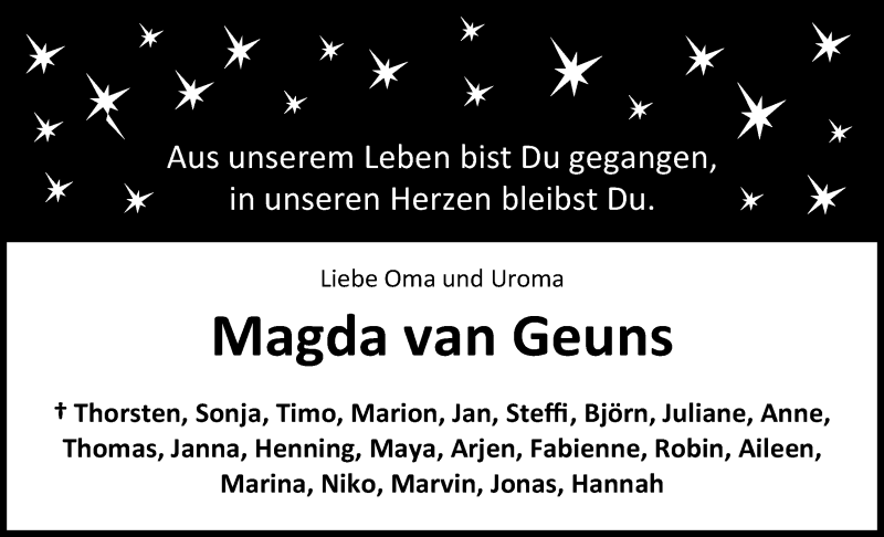  Traueranzeige für Magda  van Geuns vom 07.10.2017 aus Nordwest-Zeitung
