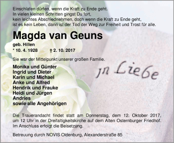 Traueranzeige von Magda  van Geuns von Nordwest-Zeitung