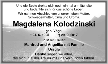 Traueranzeige von Magdalena Kolodzinski von Nordwest-Zeitung