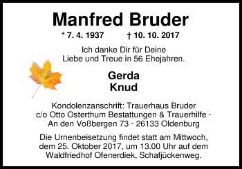 Traueranzeige von Manfred Bruder von Nordwest-Zeitung