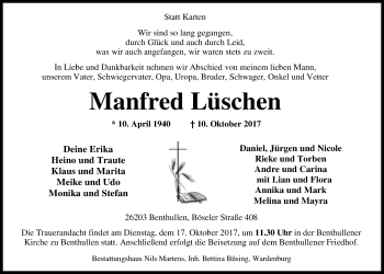 Traueranzeige von Manfred Lüschen von Nordwest-Zeitung