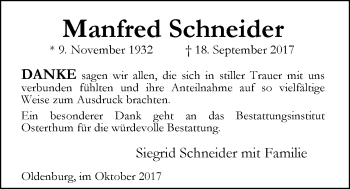 Traueranzeige von Manfred Schneider von Nordwest-Zeitung