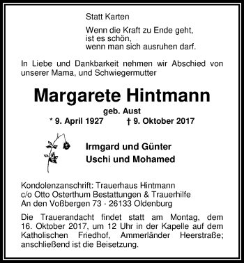 Traueranzeige von Margarete Hintmann von Nordwest-Zeitung
