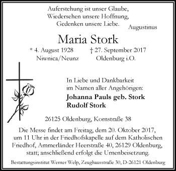 Traueranzeige von Maria Stork von Nordwest-Zeitung