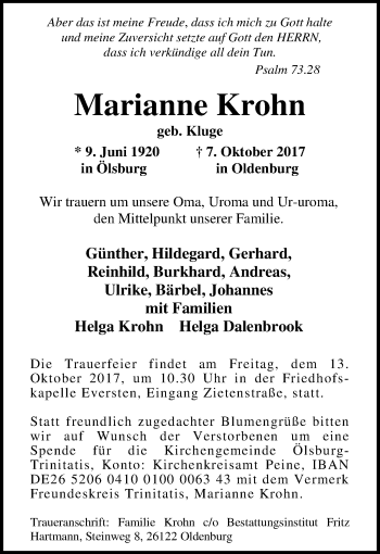 Traueranzeige von Marianne Krohn von Nordwest-Zeitung
