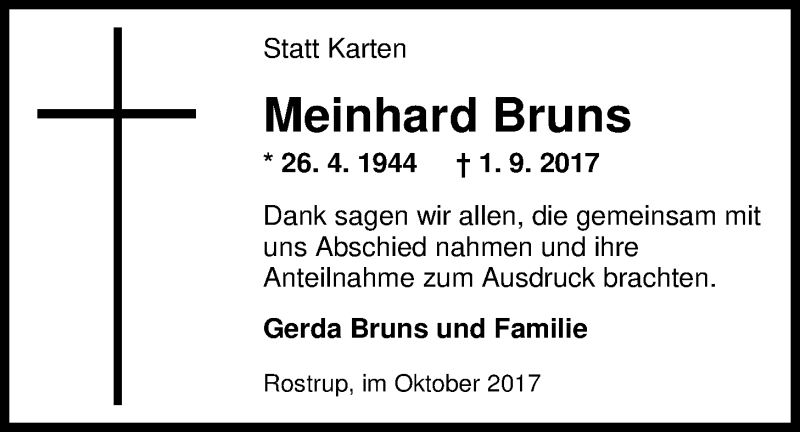  Traueranzeige für Meinhard Bruns vom 14.10.2017 aus Nordwest-Zeitung