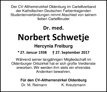 Traueranzeige von Norbert Schwetje von Nordwest-Zeitung