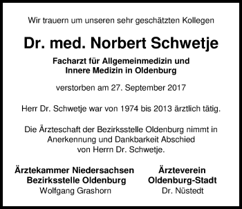 Traueranzeige von Norbert Schwetje von Nordwest-Zeitung