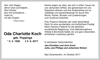 Traueranzeige von Oda Koch von Nordwest-Zeitung