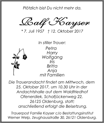 Traueranzeige von Ralf Kayser von Nordwest-Zeitung
