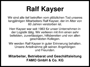 Traueranzeige von Ralf Kayser von Nordwest-Zeitung