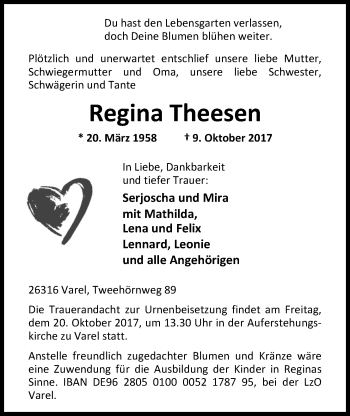 Traueranzeige von Regina Theesen von Nordwest-Zeitung