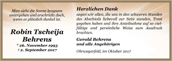 Traueranzeige von Robin Tscheija Behrens von Nordwest-Zeitung