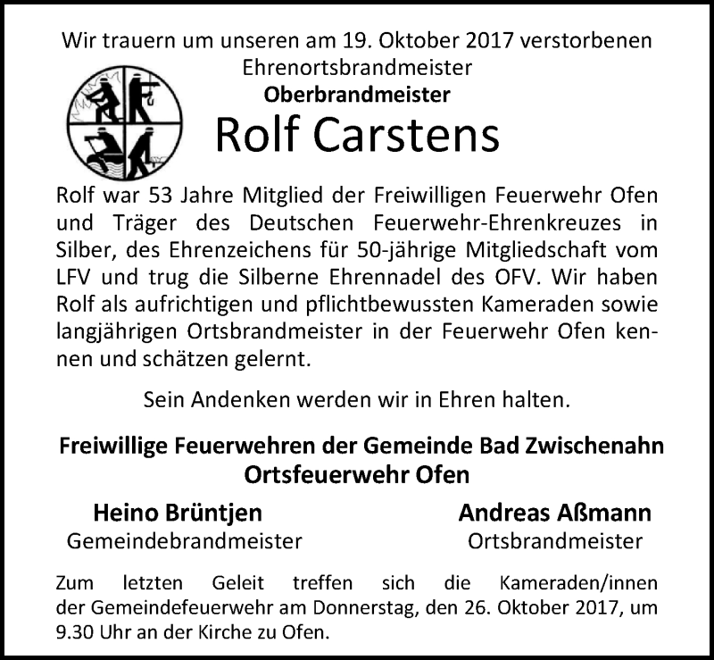  Traueranzeige für Rolf Carstens vom 23.10.2017 aus Nordwest-Zeitung