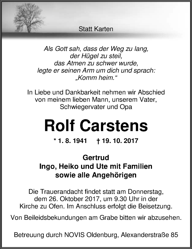 Traueranzeige für Rolf Carstens vom 23.10.2017 aus Nordwest-Zeitung