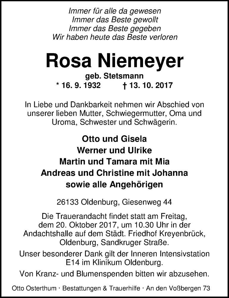  Traueranzeige für Rosa Niemeyer vom 17.10.2017 aus Nordwest-Zeitung