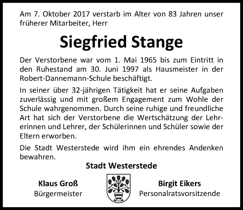  Traueranzeige für Siegfried Stange vom 10.10.2017 aus Nordwest-Zeitung