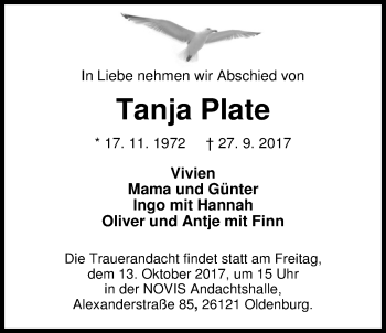 Traueranzeige von Tanja Plate von Nordwest-Zeitung