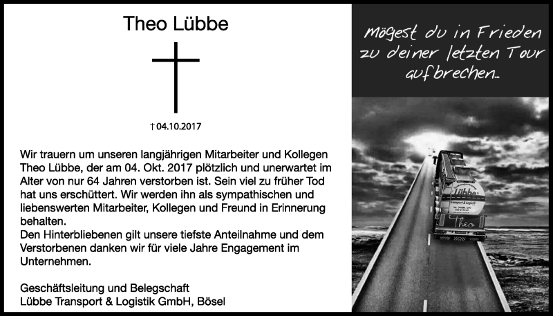  Traueranzeige für Theo Lübbe vom 10.10.2017 aus Nordwest-Zeitung