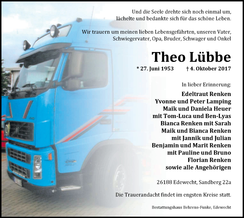 Traueranzeige für Theo Lübbe vom 07.10.2017 aus Nordwest-Zeitung