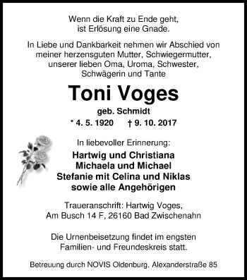 Traueranzeige von Toni Voges von Nordwest-Zeitung
