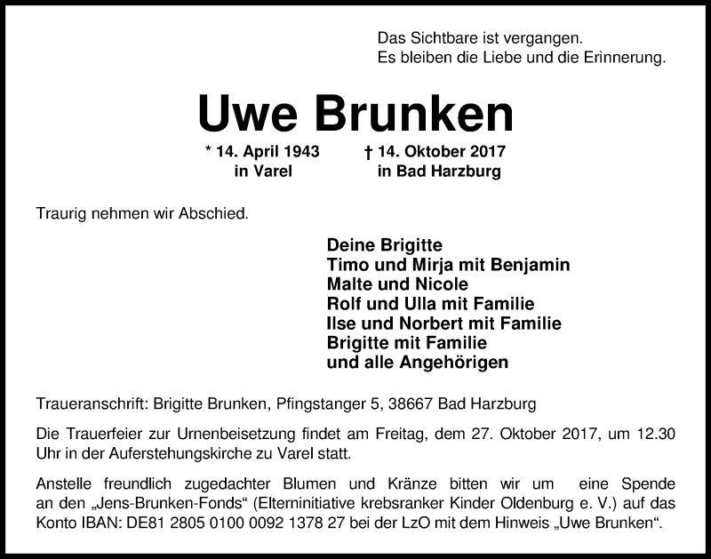  Traueranzeige für Uwe Brunken vom 24.10.2017 aus Nordwest-Zeitung