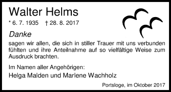 Traueranzeige von Walter Helms von Nordwest-Zeitung