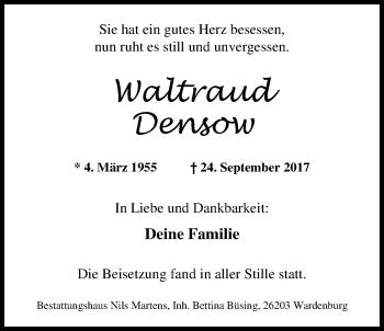 Traueranzeige von Waltraud Densow von Nordwest-Zeitung