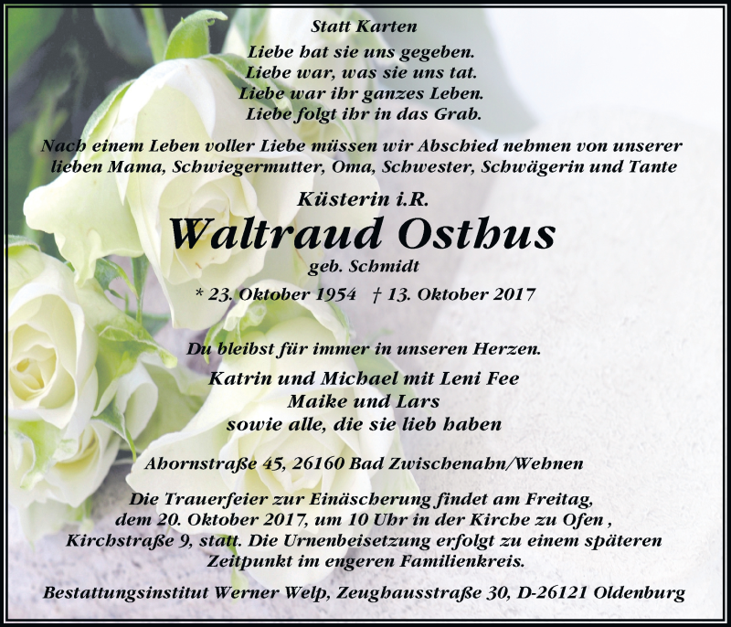  Traueranzeige für Waltraud Osthus vom 17.10.2017 aus Nordwest-Zeitung