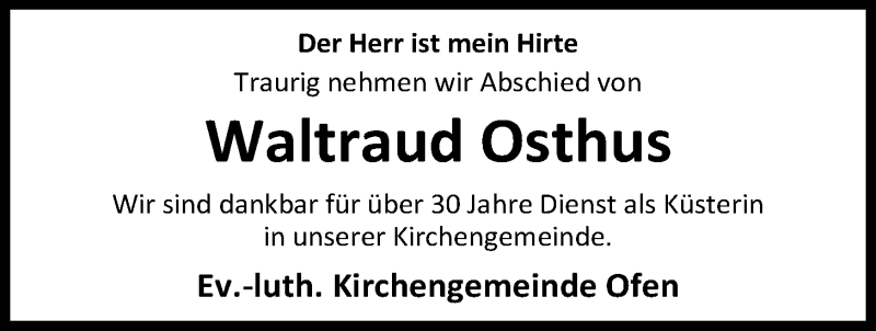  Traueranzeige für Waltraud Osthus vom 19.10.2017 aus Nordwest-Zeitung