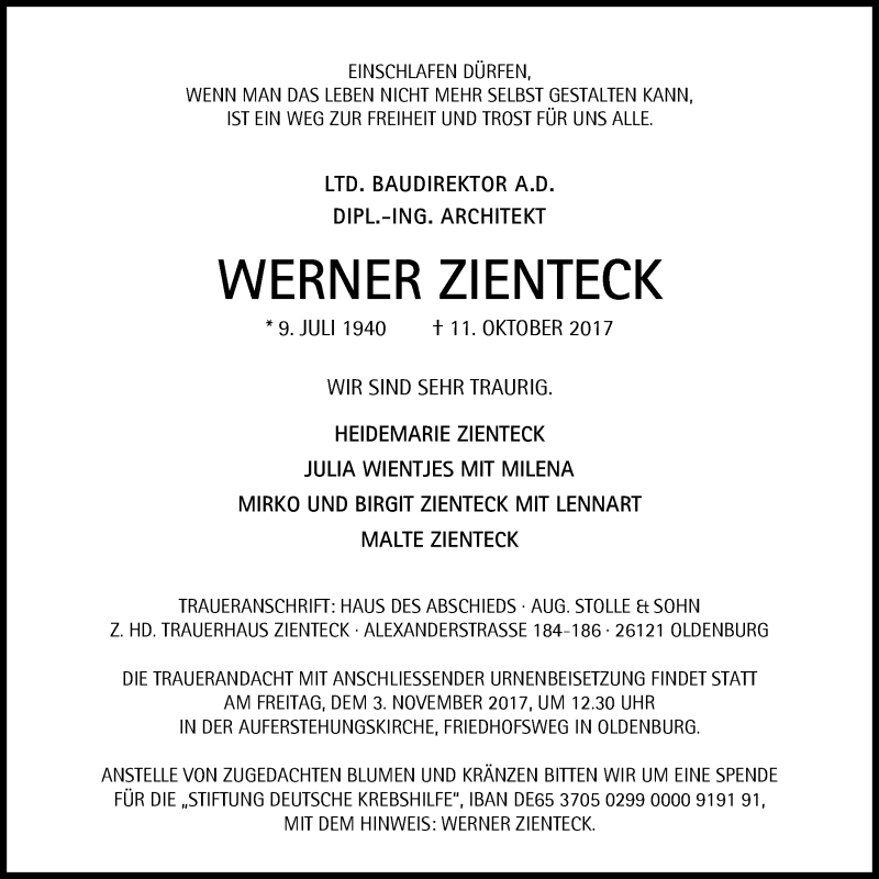  Traueranzeige für Werner Zienteck vom 21.10.2017 aus Nordwest-Zeitung