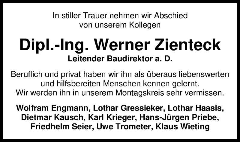  Traueranzeige für Werner Zienteck vom 21.10.2017 aus Nordwest-Zeitung