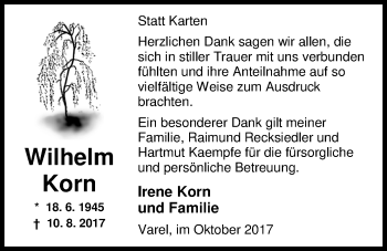 Traueranzeige von Wilhelm Korn von Nordwest-Zeitung