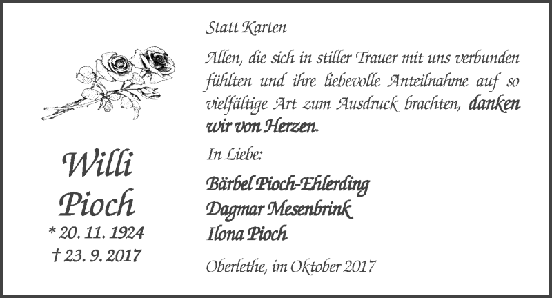  Traueranzeige für Willi Pioch vom 17.10.2017 aus Nordwest-Zeitung