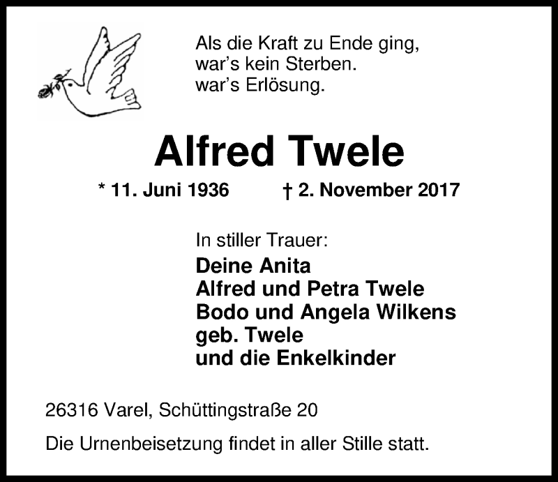  Traueranzeige für Alfred Twele vom 11.11.2017 aus Nordwest-Zeitung