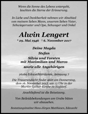 Traueranzeige von Alwin Lengert von Nordwest-Zeitung