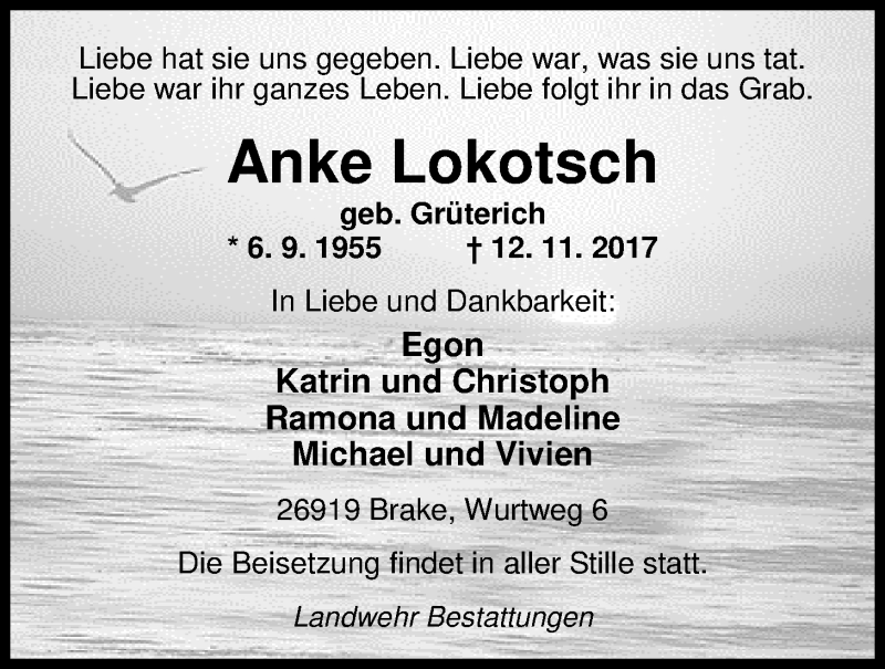  Traueranzeige für Anke Lokotsch vom 14.11.2017 aus Nordwest-Zeitung