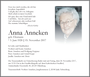 Traueranzeige von Anna Anneken von Nordwest-Zeitung