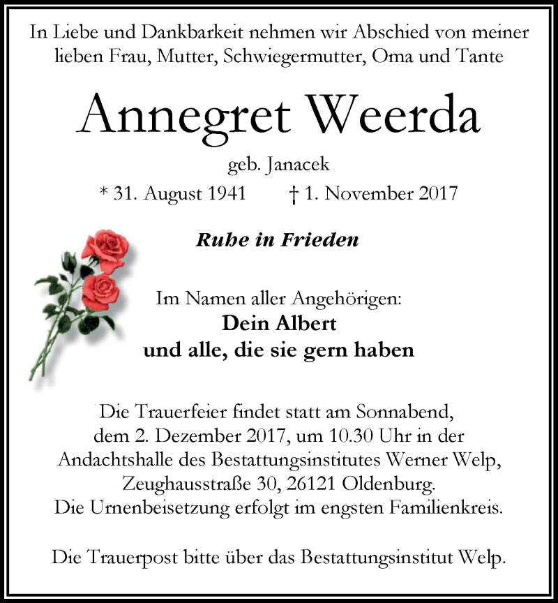  Traueranzeige für Annegret Weerda vom 25.11.2017 aus Nordwest-Zeitung