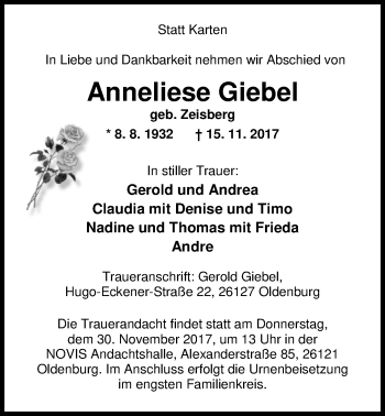 Traueranzeige von Anneliese Giebel von Nordwest-Zeitung